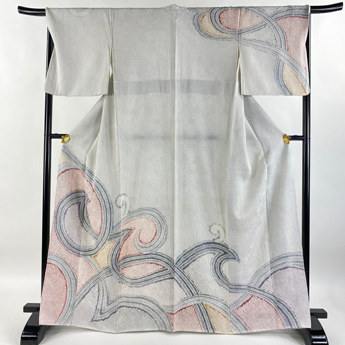 訪問着 身丈165cm 裄丈66.5cm M 袷 幾何学模様 総絞り 青灰色 正絹 名品 【中古】 msp50