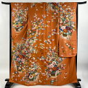 振袖 身丈166.5cm 裄丈64cm M 袷 花籠 ぼかし オレンジ 正絹 秀品 【中古】