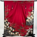 振袖 身丈167cm 裄丈66cm M 袷 椿 流水 金糸 金彩 赤 正絹 秀品 【中古】