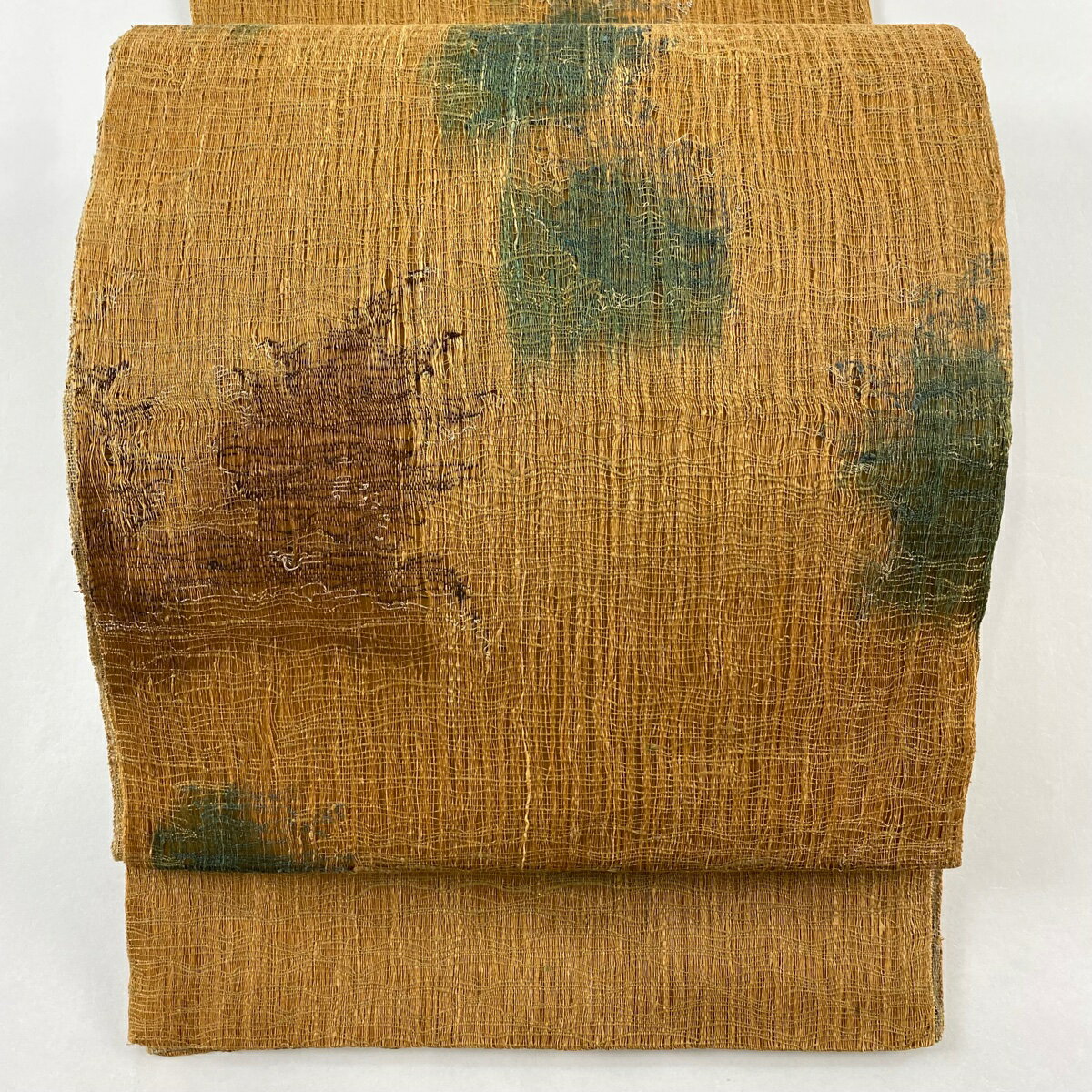 袋名古屋帯 秀品 夏帯 八寸名古屋帯 幾何学 銀糸 山吹茶色 正絹 【中古】