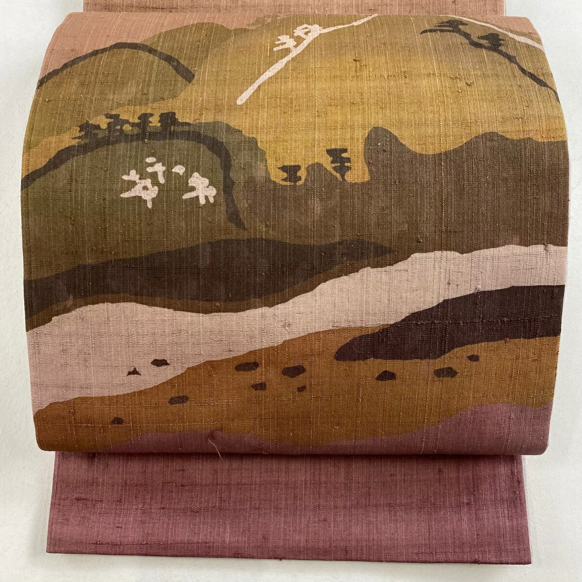 袋帯 美品 秀品 紬地 山並み 樹木 茶紫 お太鼓柄 正絹 【中古】 msp50