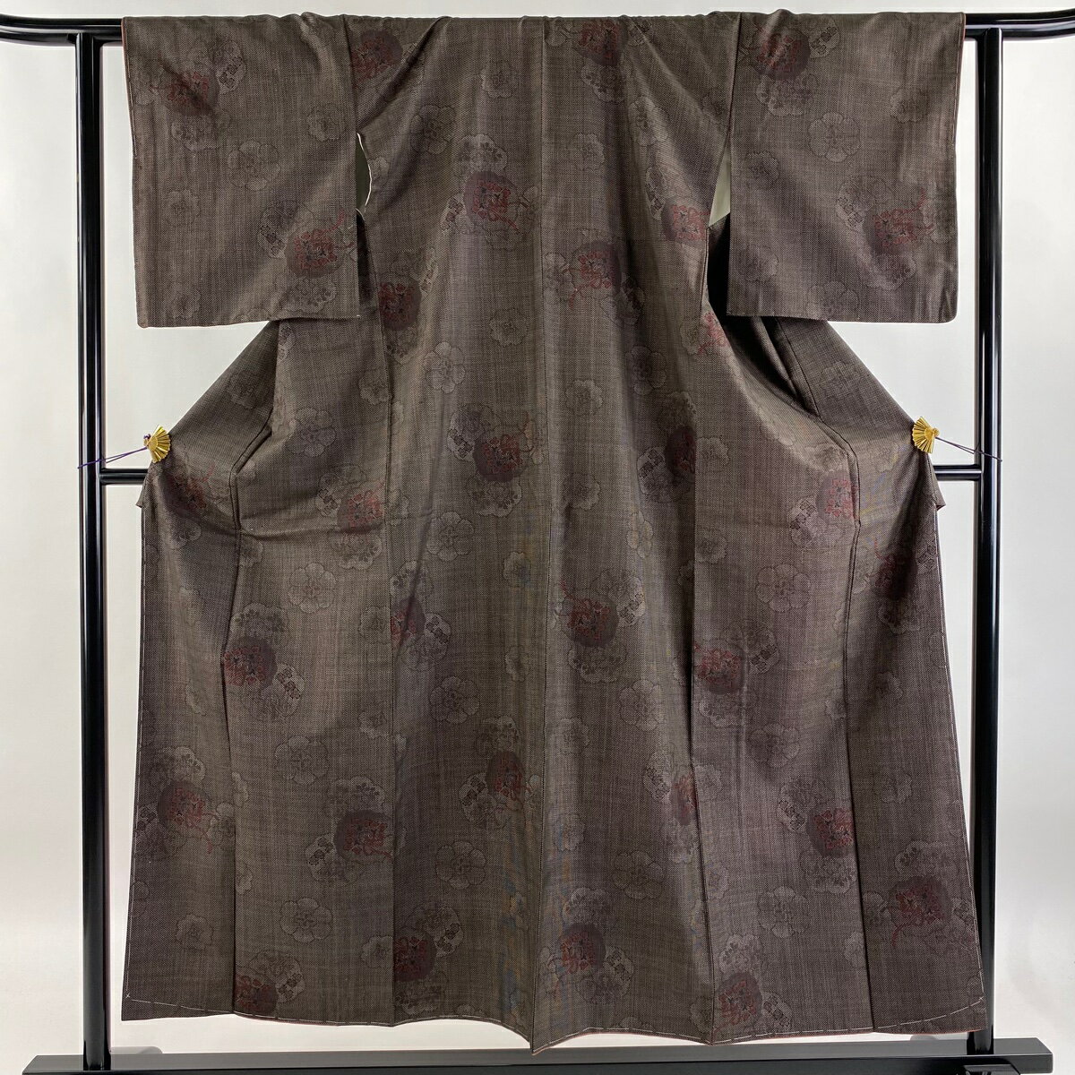 紬 身丈154.5cm 裄丈62.5cm S 袷 鏡裏文 花 焦茶色 正絹 美品 秀品 【中古】 msp50