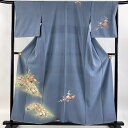 付下げ 身丈157.5cm 裄丈64.5cm M 袷 花筏 秋草 金銀彩 ぼかし 青灰色 正絹 秀品 【中古】