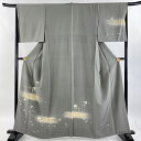 訪問着 身丈161cm 裄丈66cm M 袷 桜 流水 ぼかし 灰色 正絹 秀品 【中古】