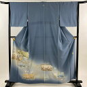 色留袖 身丈160cm 裄丈67.5cm L 袷 和田光正 落款あり 鶴 草花 金銀彩 ぼかし 青灰色 正絹 名品 一つ紋 【中古】