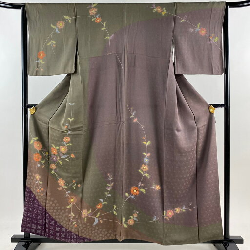 訪問着 身丈158.5cm 裄丈64cm M 袷 草花 幾何学 茶緑色 正絹 秀品 【中古】 訪問着 身丈158.5cm 裄丈64cm M 袷 草花 幾何学 茶緑色 正絹 秀品 【中古】