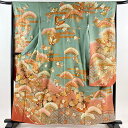 振袖 身丈160cm 裄丈65cm M 袷 蝶 笠松 金糸 金彩 灰緑 正絹 秀品 【中古】