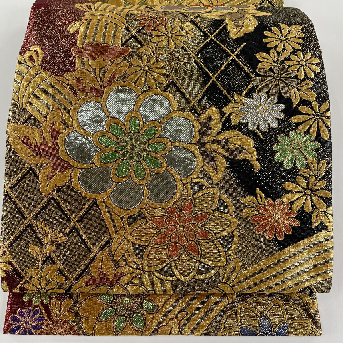 袋帯 美品 秀品 振袖向き 草花 光悦垣 箔 金糸 黒 六通 正絹 【中古】(4)