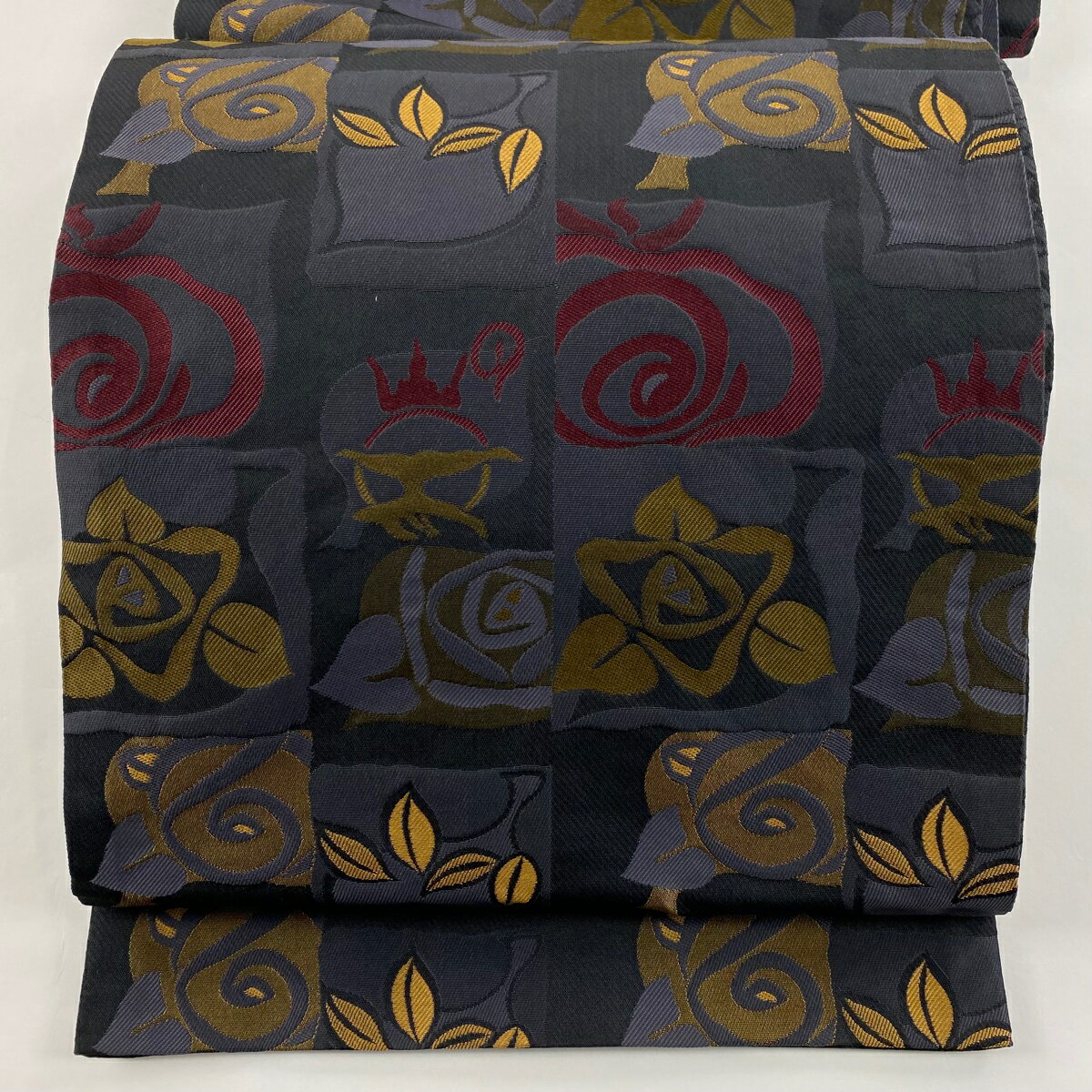 袋名古屋帯 優品 草花 葉柄 灰色 化繊 【中古】