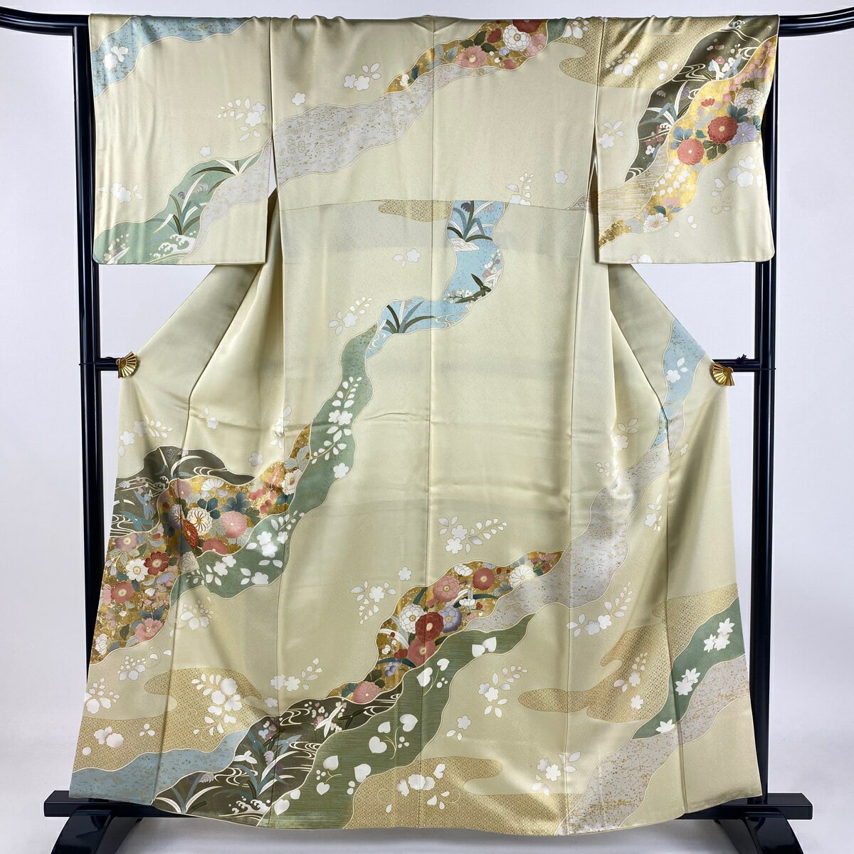 訪問着 身丈159.5cm 裄丈65cm M 袷 菊 道長取り 金糸 金彩 薄黄 正絹 名品 【中古】