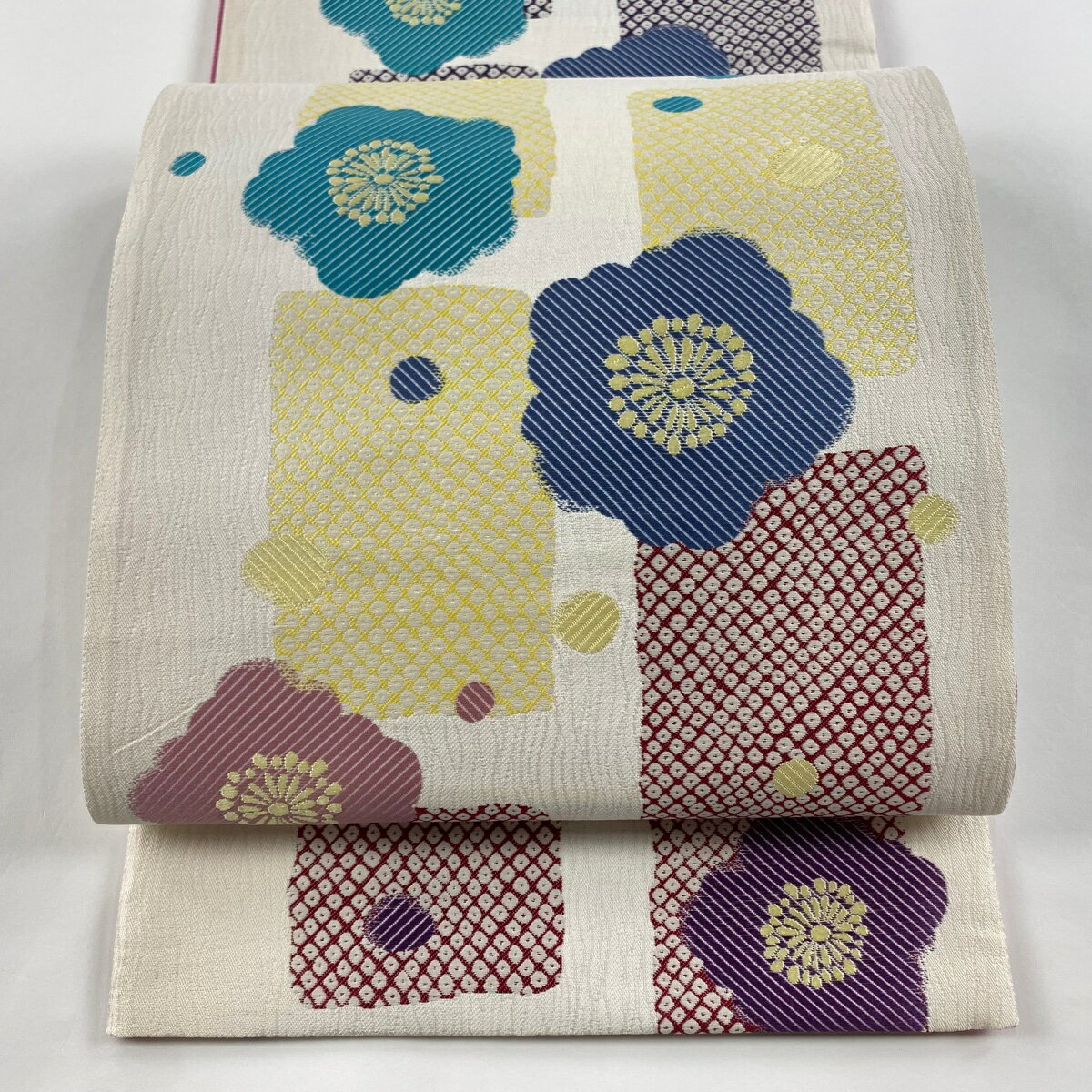 袋帯 美品 秀品 花 疋田柄 クリーム 六通 正絹 【中古】