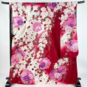 振袖 身丈170cm 裄丈68cm L 袷 花丸文 桜 ラメ 刺繍 赤 正絹 美品 名品 【中古】