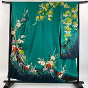 振袖 身丈157cm 裄丈65cm M 袷 落款あり 建物 百合 金通し 金彩 緑 正絹 逸品 【中古】