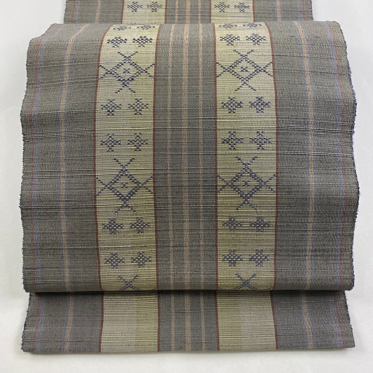 名古屋帯 美品 秀品 八寸名古屋帯 縞 幾何学模様 灰色 正絹 【中古】