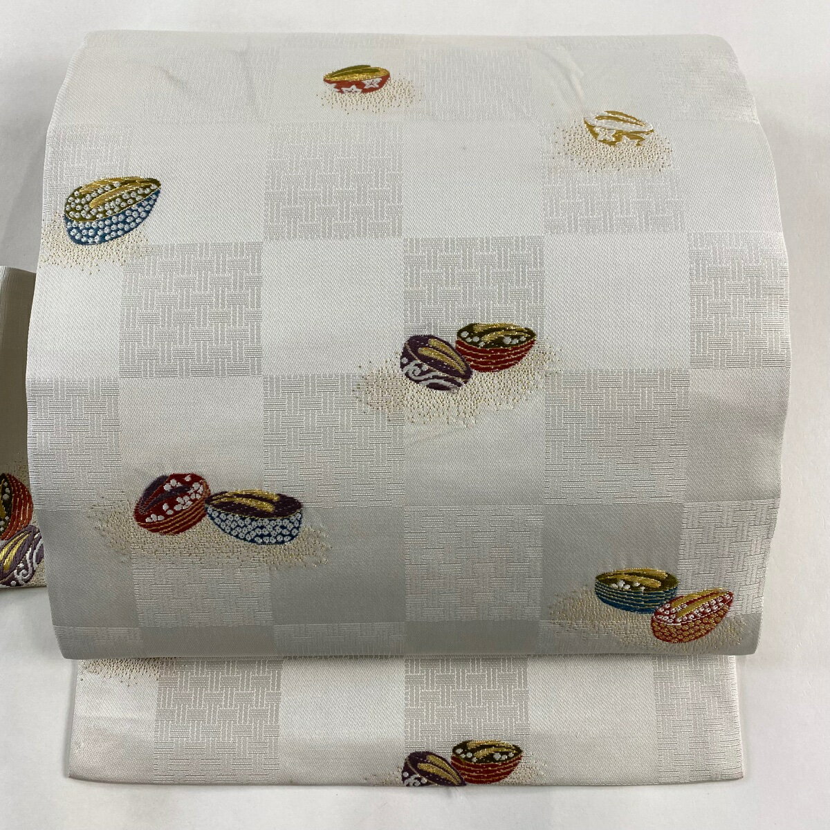 名古屋帯 秀品 ぽっくり下駄 金糸 灰白 正絹 【中古】(4)