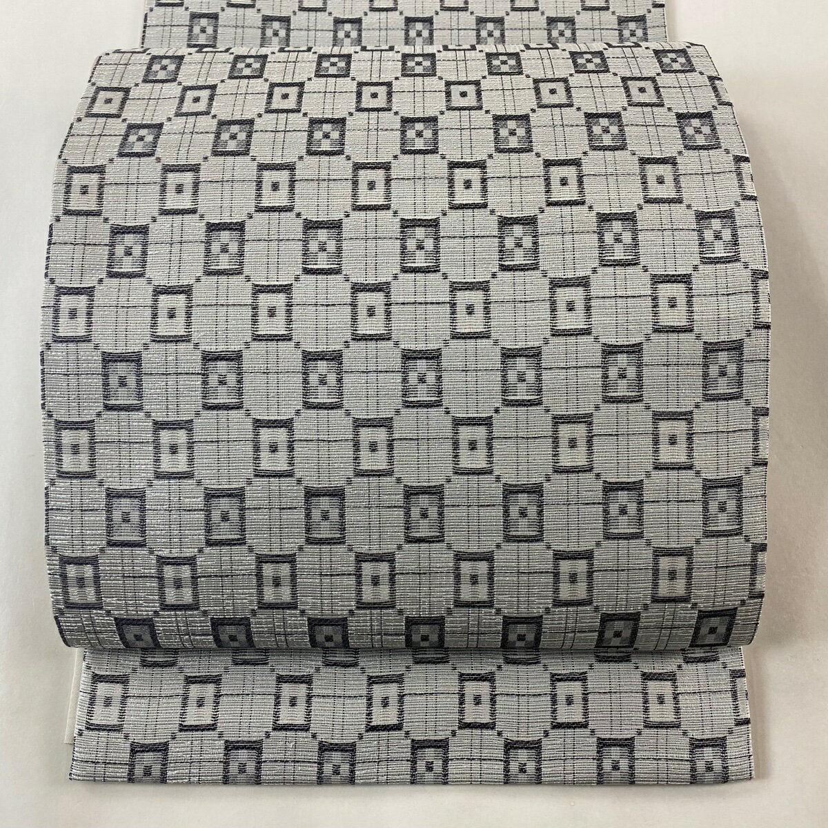 袋名古屋帯 美品 逸品 幾何学 格子 灰色 正絹 【中古】