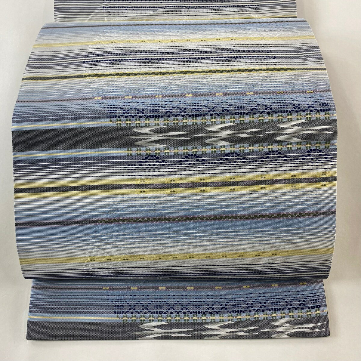 袋名古屋帯 美品 逸品 燕 縞 青灰色 正絹 【中古】
