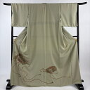 色留袖 身丈168cm 裄丈67cm M 袷 文箱 草花 金糸 刺繍 灰緑 正絹 秀品 一つ紋 【中古】