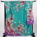振袖 身丈167cm 裄丈68.5cm L 袷 草花 花びら 金彩 染め分け 薄緑 正絹 秀品 【中古】