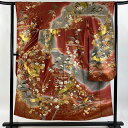 振袖 身丈151cm 裄丈62cm S 袷 鶴 松竹梅 金糸 金彩 茜色 正絹 秀品 【中古】