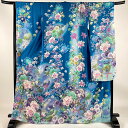 振袖 身丈165cm 裄丈67cm M 袷 エンジェルハート 草花 ハート 銀通し 箔 青 正絹 逸品 【中古】