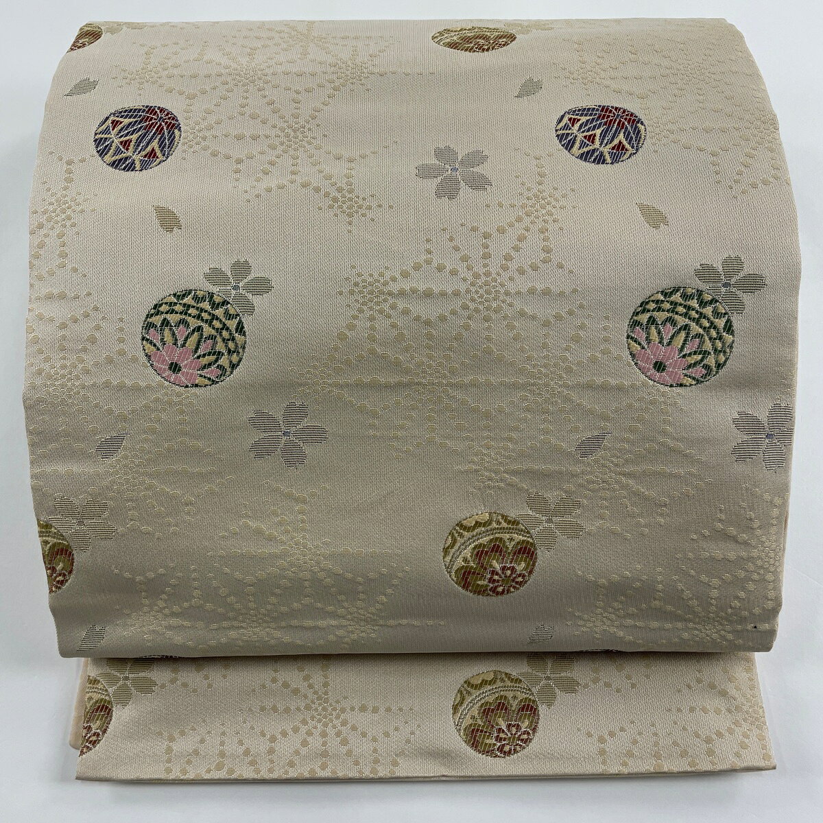 袋名古屋帯 美品 優品 鞠 桜 ベージュ 化繊 【中古】