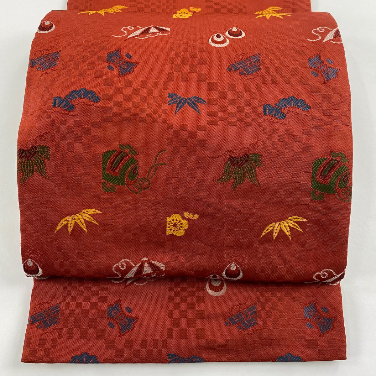 袋名古屋帯 美品 秀品 宝尽くし 松竹梅 唐織 赤茶 正絹 【中古】