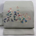 名古屋帯 秀品 落款あり 枝花 灰緑 正絹 【中古】
