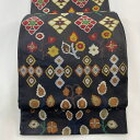 袋帯 美品 秀品 草花 幾何学 金通し 金糸 黒 六通 正絹 【中古】