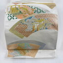 袋帯 美品 逸品 川島織物 落款あり 扇面 御所車 金銀糸 箔 銀色 六通 正絹 【中古】