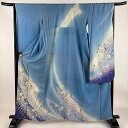 振袖 身丈160.5cm 裄丈66cm M 袷 桜 流水 箔 金彩 水色 正絹 秀品 【中古】