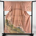 訪問着 身丈154cm 裄丈65cm M 袷 草花 波 金彩 ぼかし サーモンピンク 正絹 秀品 【中古】