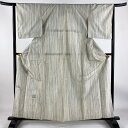 付下げ 身丈160.5cm 裄丈65cm M 単衣 紬地 葡萄唐草 刺繍 灰白 正絹 秀品 【中古】