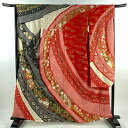 振袖 身丈163cm 裄丈65.5cm M 袷 菊 梅 刺繍 絞り 赤 正絹 秀品 【中古】