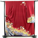 振袖 身丈157cm 裄丈62.5cm S 袷 御所車 松竹梅 金糸 金彩 赤 正絹 美品 秀品 【中古】