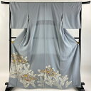 色留袖 身丈165.5cm 裄丈67.5cm L 袷 背抜き 宝尽くし 若松 金糸 金彩 水色 正絹 秀品 三つ紋 【中古】