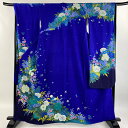 振袖 身丈161.5cm 裄丈67.5cm L 袷 薔薇 草花 金糸 絞り 青 正絹 秀品 【中古】
