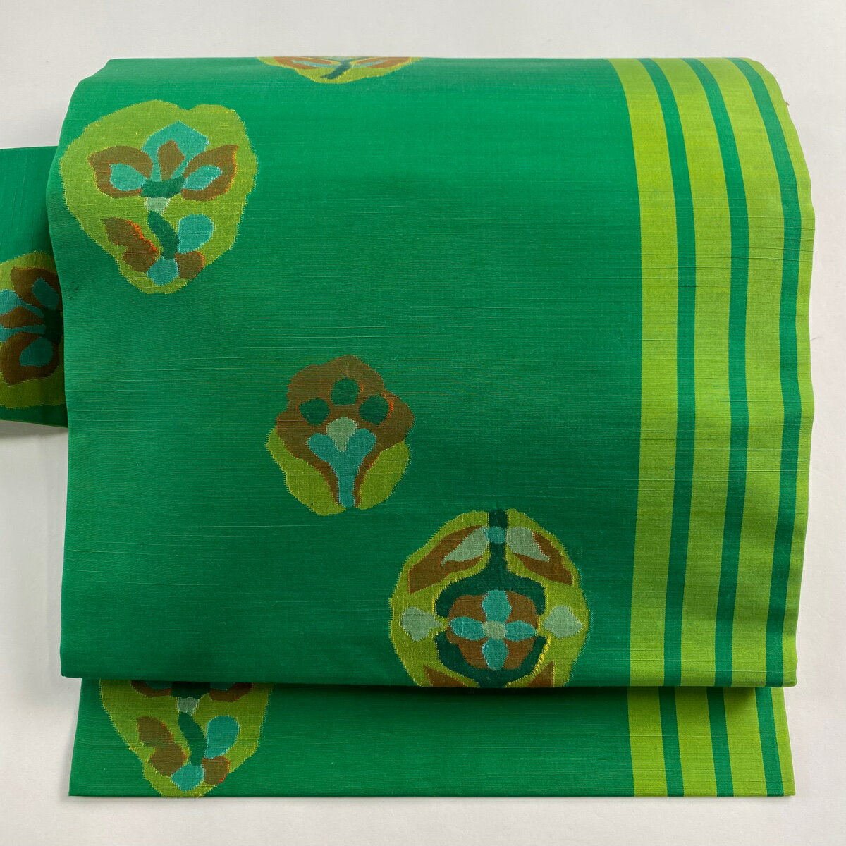 【最終値引き】 名古屋帯 優品 草花 縞模様 緑 正絹 【中古】 msp50