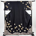 付下げ 身丈169cm 裄丈70.5cm L 袷 雪輪 松竹梅 金糸 金彩 墨色 正絹 名品 【中古】
