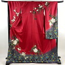 振袖 身丈172.5cm 裄丈67cm M 袷 薔薇 花器 銀通し 金銀彩 茜色 正絹 美品 名品 【中古】