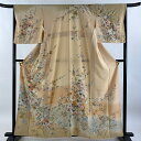 訪問着 身丈160cm 裄丈66cm M 袷 落款あり 枝花 菊 金銀彩 金糸 薄オレンジ 正絹 名品 【中古】