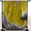 振袖 身丈153cm 裄丈62.5cm S 袷 やまと 辻が花 金彩 ぼかし 茶緑色 正絹 美品 名品 【中古】
