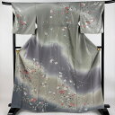 訪問着 身丈165.5cm 裄丈68cm L 袷 菊 萩 金銀彩 ぼかし 灰色 正絹 名品 【中古】