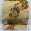 袋帯 美品 秀品 孔雀の羽根 花 箔 金糸 ベージュ 六通 正絹 【中古】