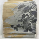 袋帯 美品 秀品 紬地 葉柄 シルエット ベージュ お太鼓柄 正絹 【中古】