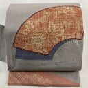 名古屋帯 秀品 紬地 扇面 草花 灰紫 正絹 【中古】