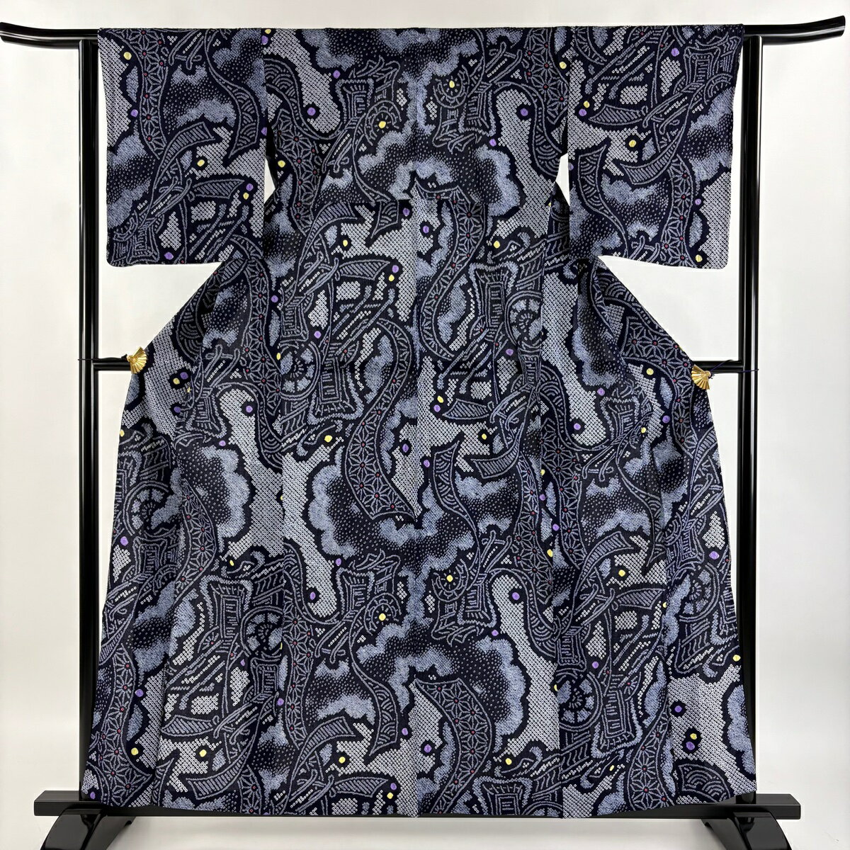 浴衣 身丈159.5cm 裄丈62cm S 絞り浴衣 御所車 麻の葉 濃紺 綿 名品 【中古】 msp50