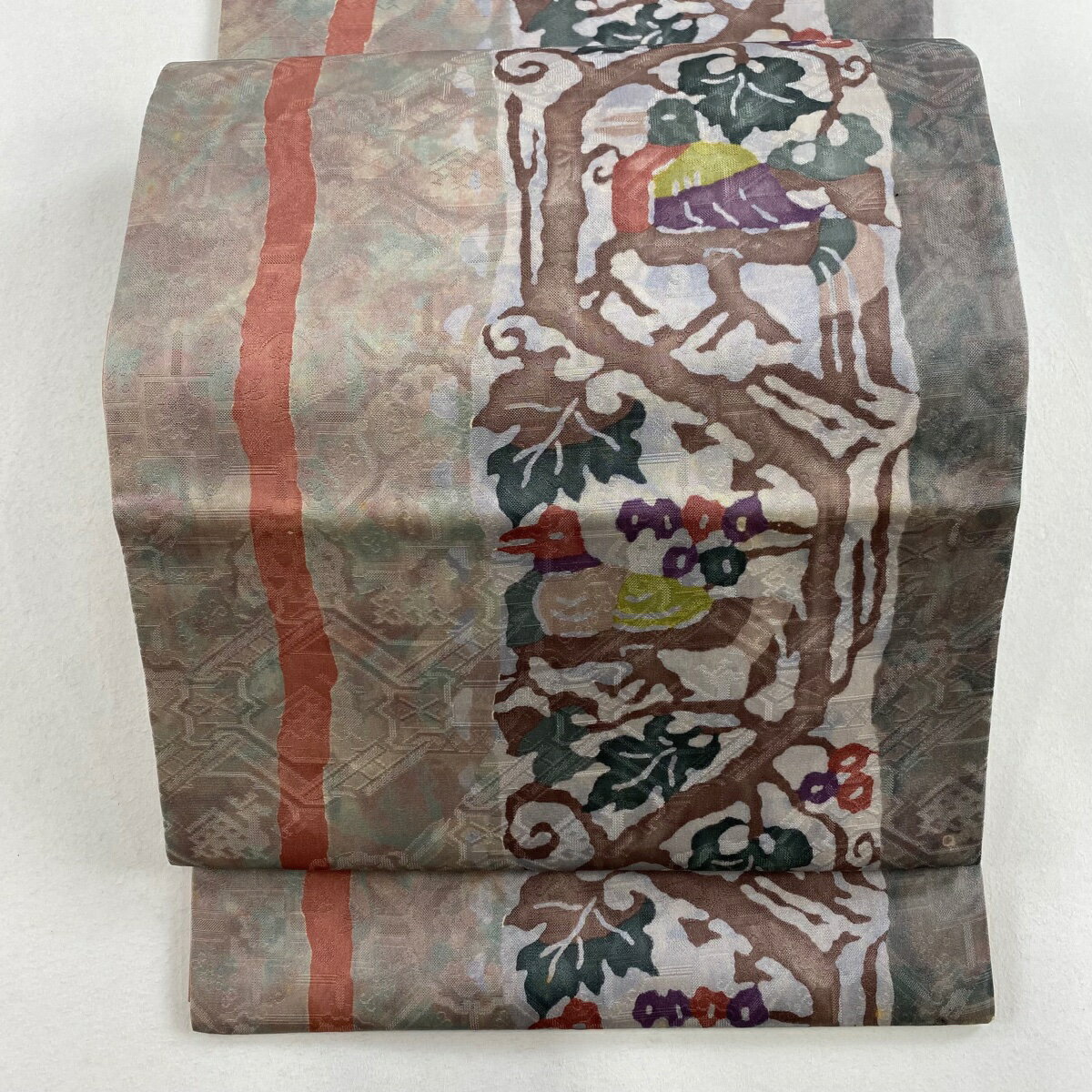 袋名古屋帯 秀品 鳥 枝花 灰茶 正絹 【中古】