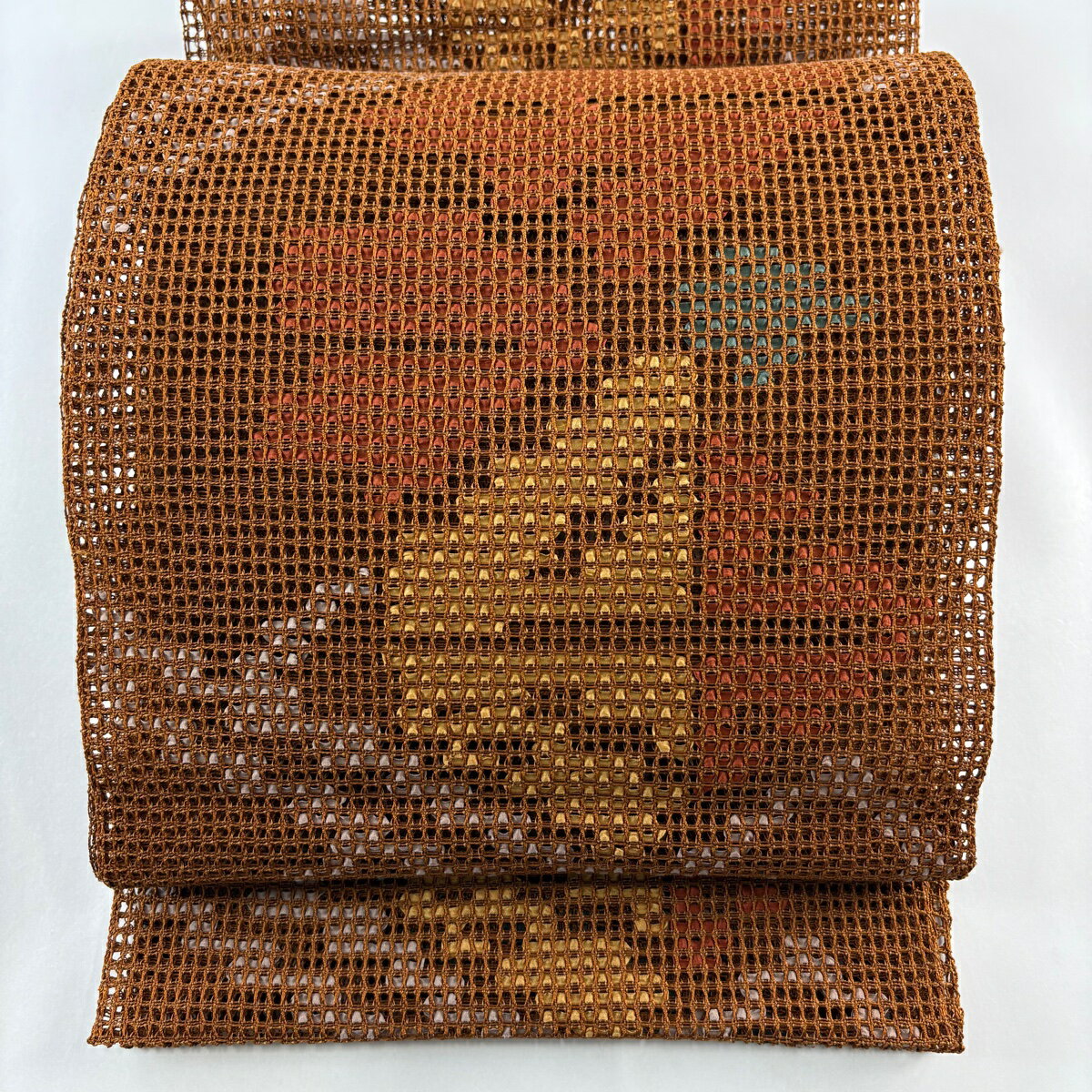 名古屋帯 秀品 夏帯 羅 八寸名古屋帯 松葉仕立て 幾何学模様 山吹茶色 正絹 【中古】