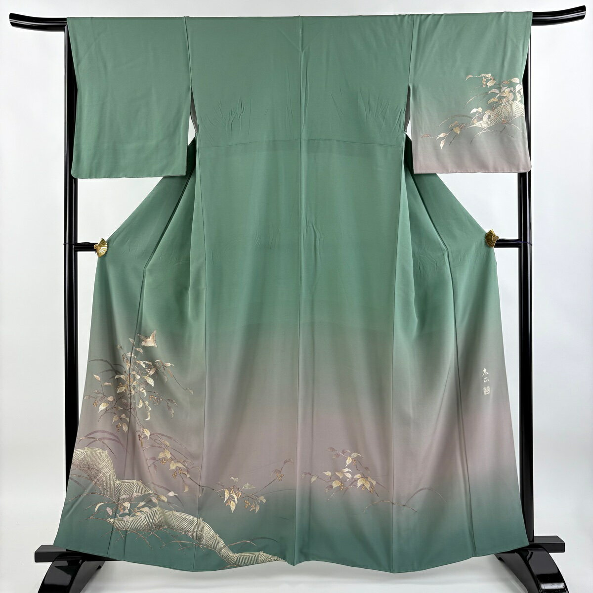 訪問着 身丈162cm 裄丈65cm M 袷 松尾光琳 落款あり 葉と実 小鳥 金銀彩 ぼかし 薄緑 正絹 逸品 一つ紋 【中古】